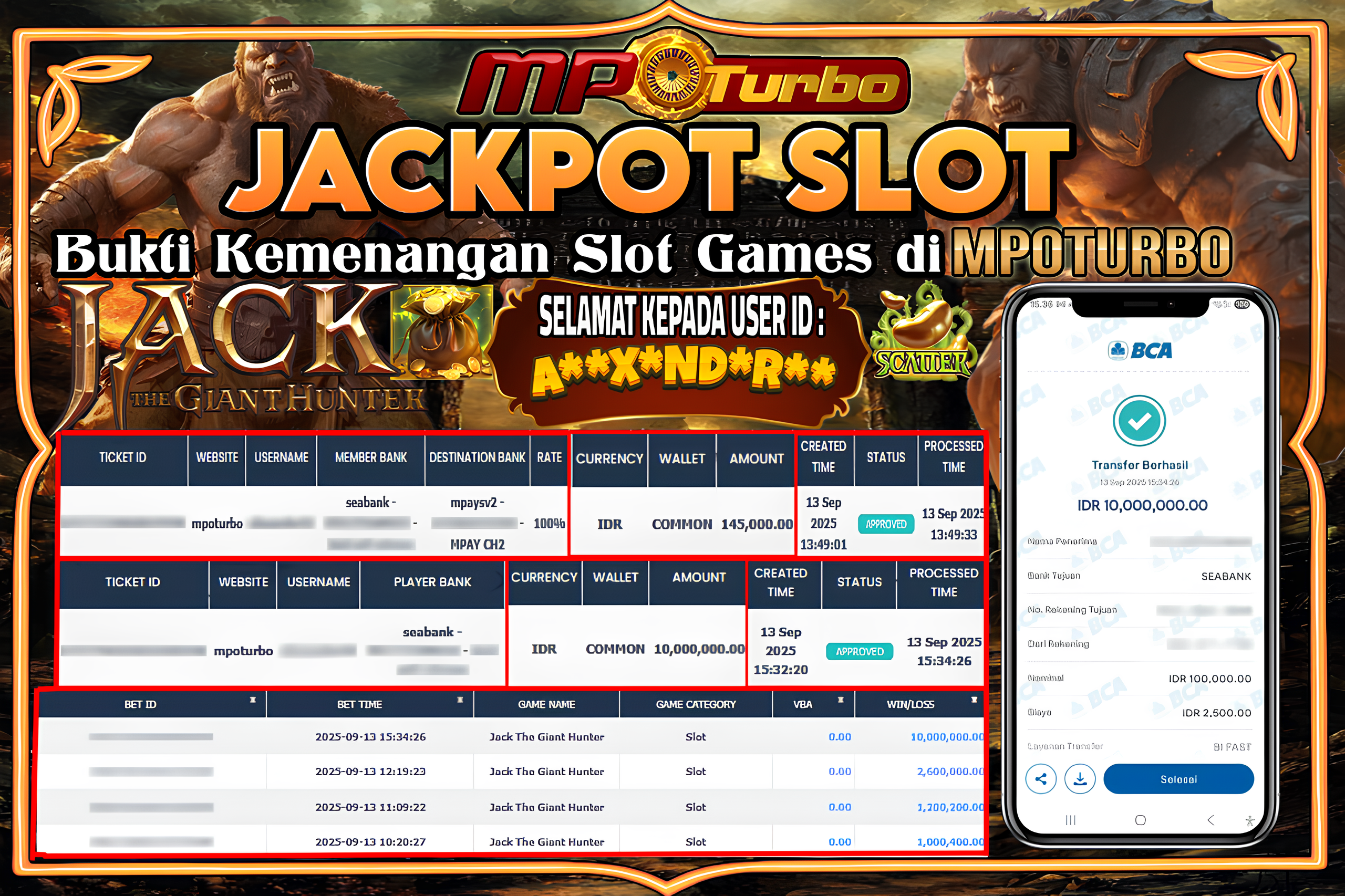 MPOTURBO JACKPOT SLOT JACK THE GIANT HUNTER - PG SOFT Rp 10,000,000.00,- LUNAS